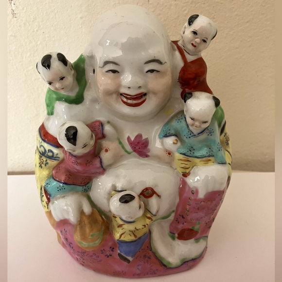 Vtg Porcelain Laughing Buddha Large Chinese Famille Rose Porcelain Statue